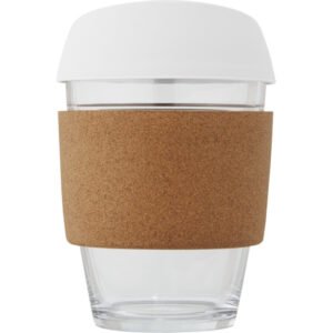 Lidan 360 ml borosilicate glass tumbler with cork grip and silicone lid