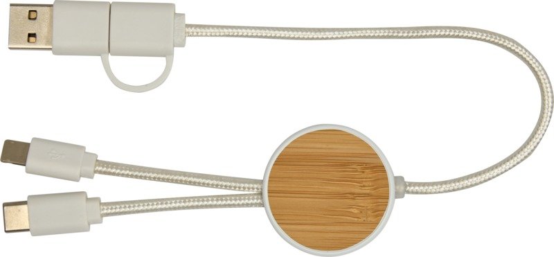 Chechia 5-in-1 recycled plastic 30 cm data sync and 27W fast charge cable with bamboo details