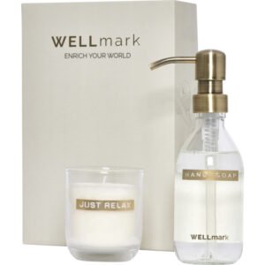 Wellmark Discovery 250 ml hand soap dispenser and 150 g scented candle set
