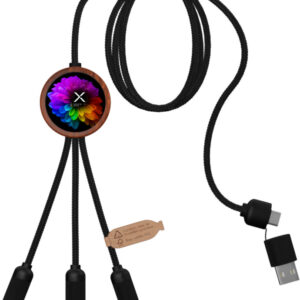 SCX.design C37 40W 5-in-1 rPET light-up logo charging cable with round wooden casing
